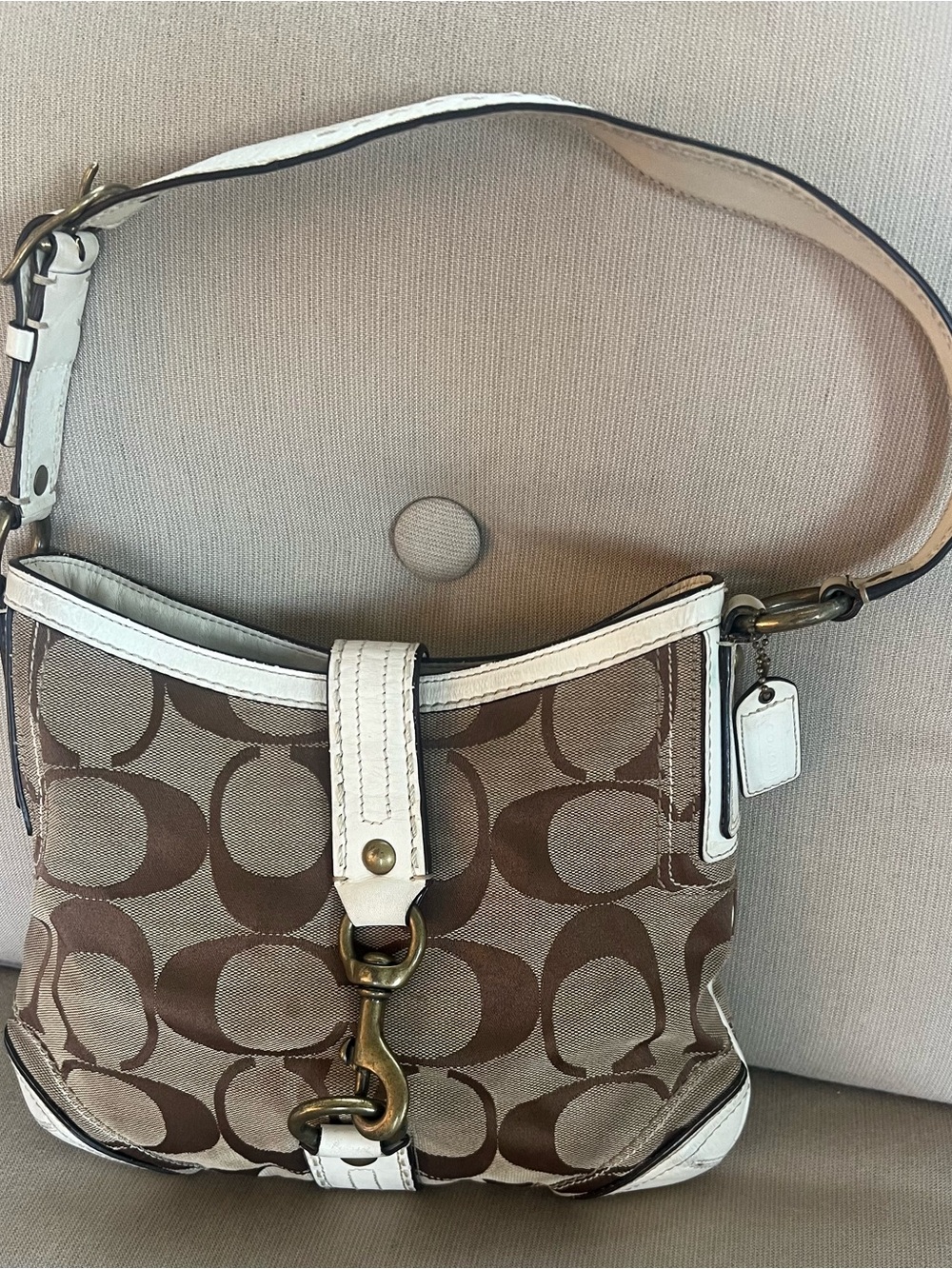 Coach Brown and White Signature Canvas Shoulder Bag